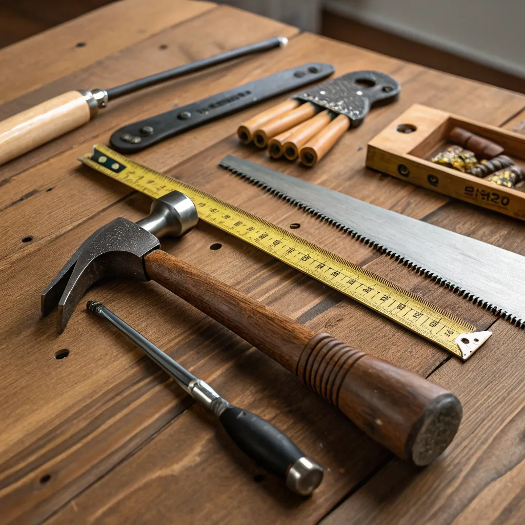 Woodworking tools laid out on a table